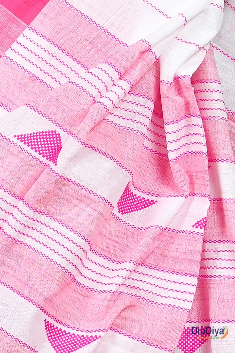 White Pink Cotton Blended Parnika Hand Loom Saree (394)